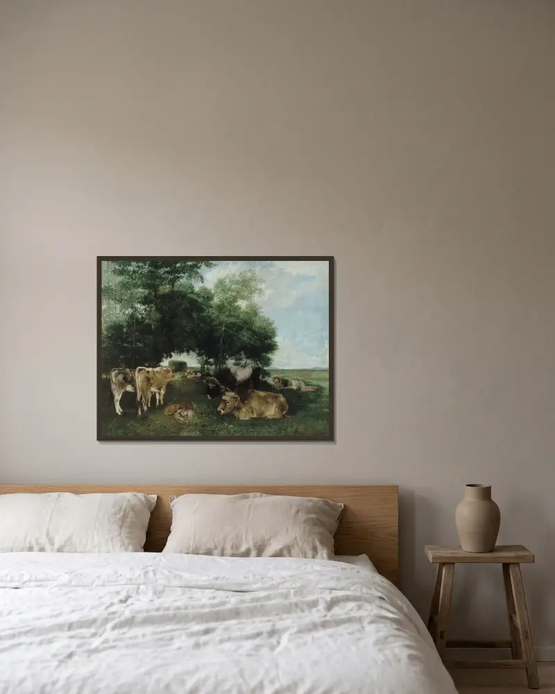 Vilan under höskörden av Gustave Courbet inramad på en vägg