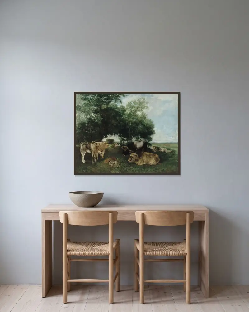 Vilan under höskörden av Gustave Courbet inramad på en vägg