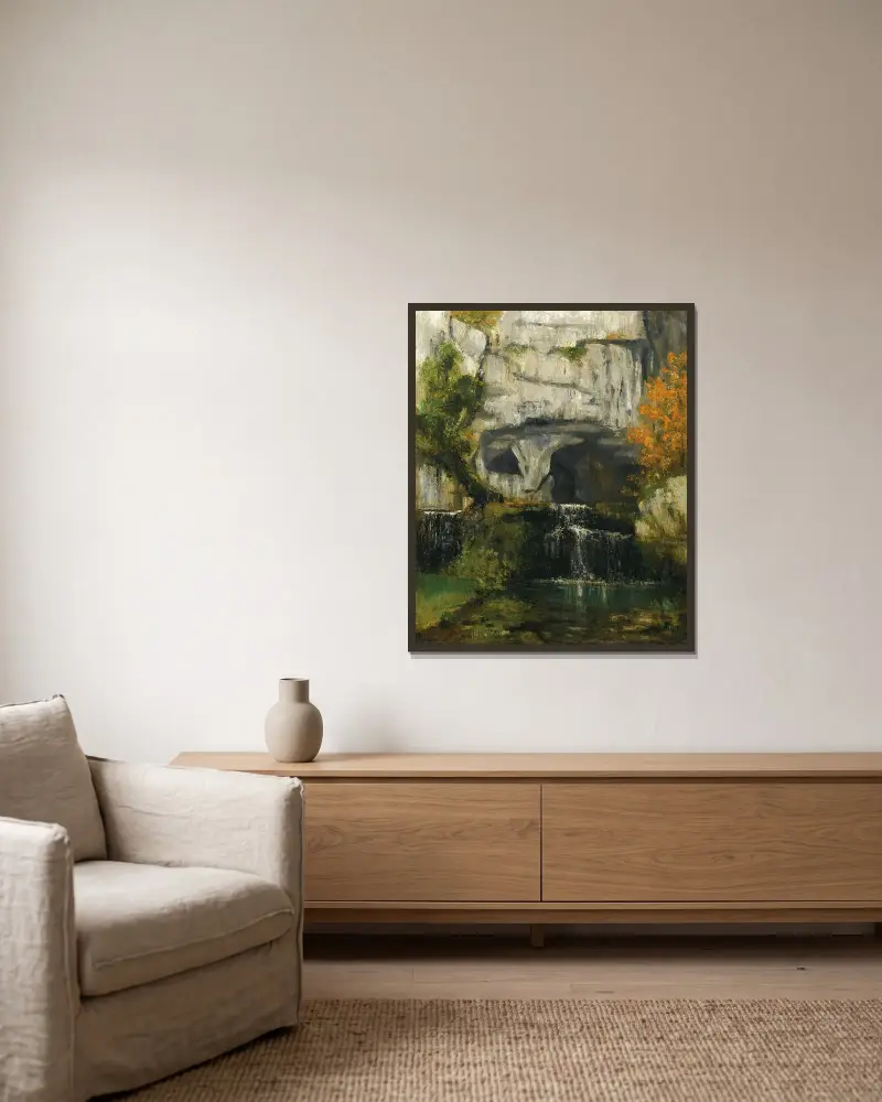 La Source Du Lison av Gustave Courbet inramad på en vägg
