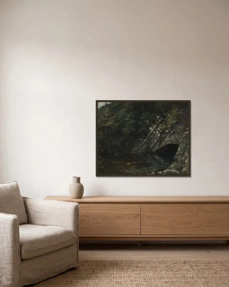Landschaft von La Source Bleue von Gustave Courbet gerahmt an einer Wand