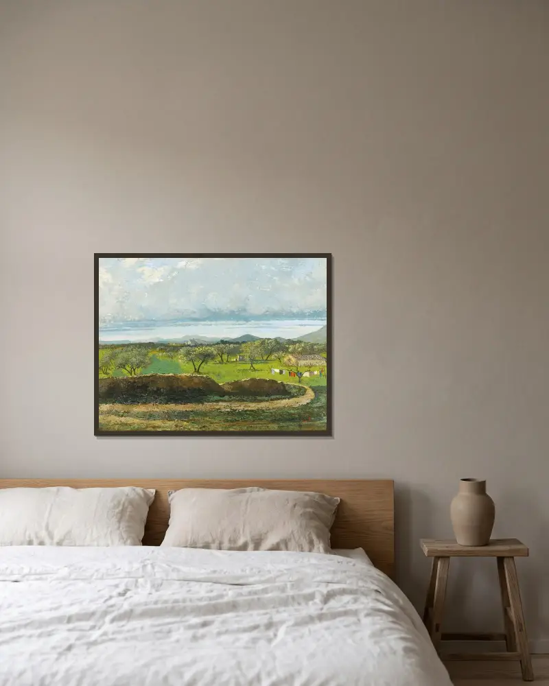 Landskap med mur och fruktträdgård av Gustave Courbet inramad på en vägg