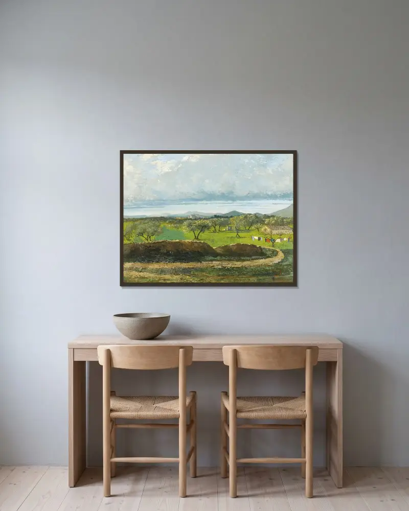 Landskap med mur och fruktträdgård av Gustave Courbet inramad på en vägg
