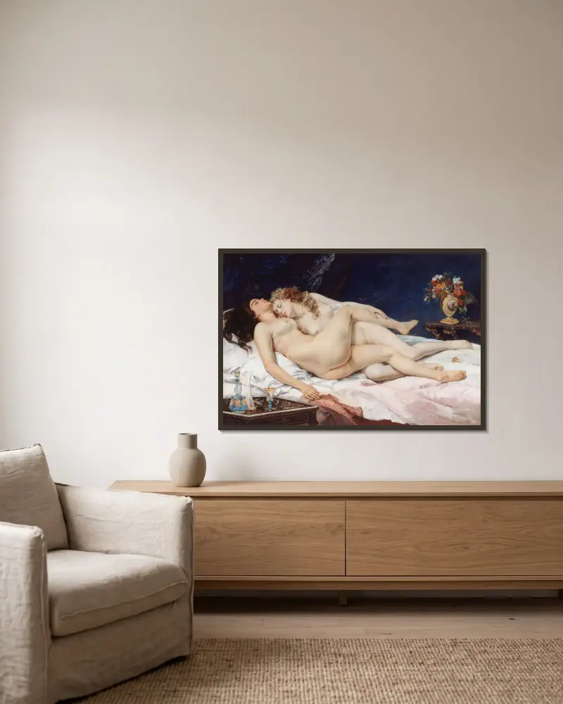 Le sommeil av Gustave Courbet inramad på en vägg
