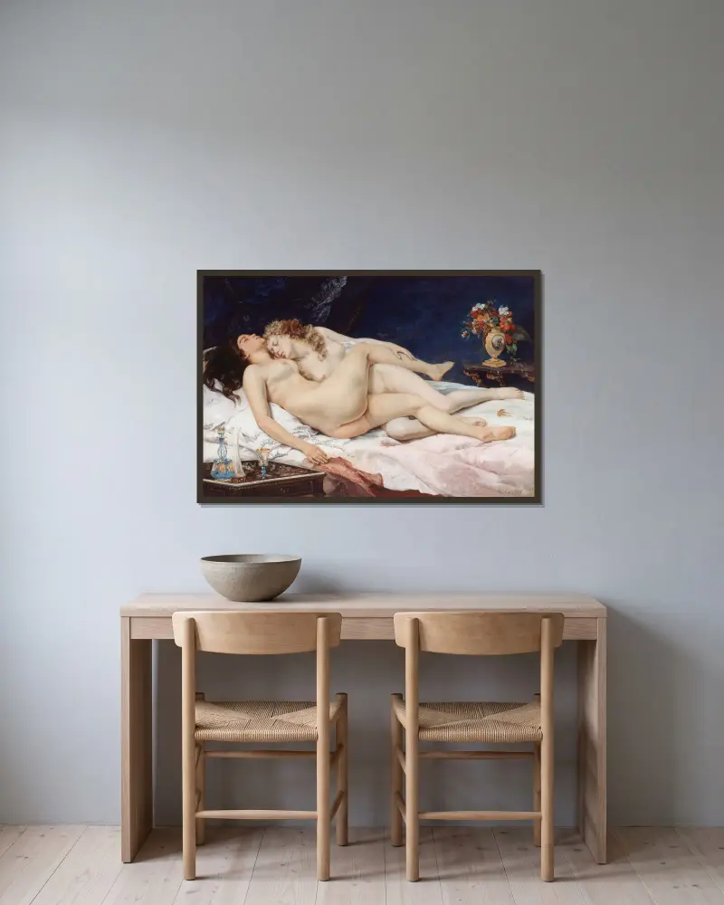 Le sommeil av Gustave Courbet inramad på en vägg