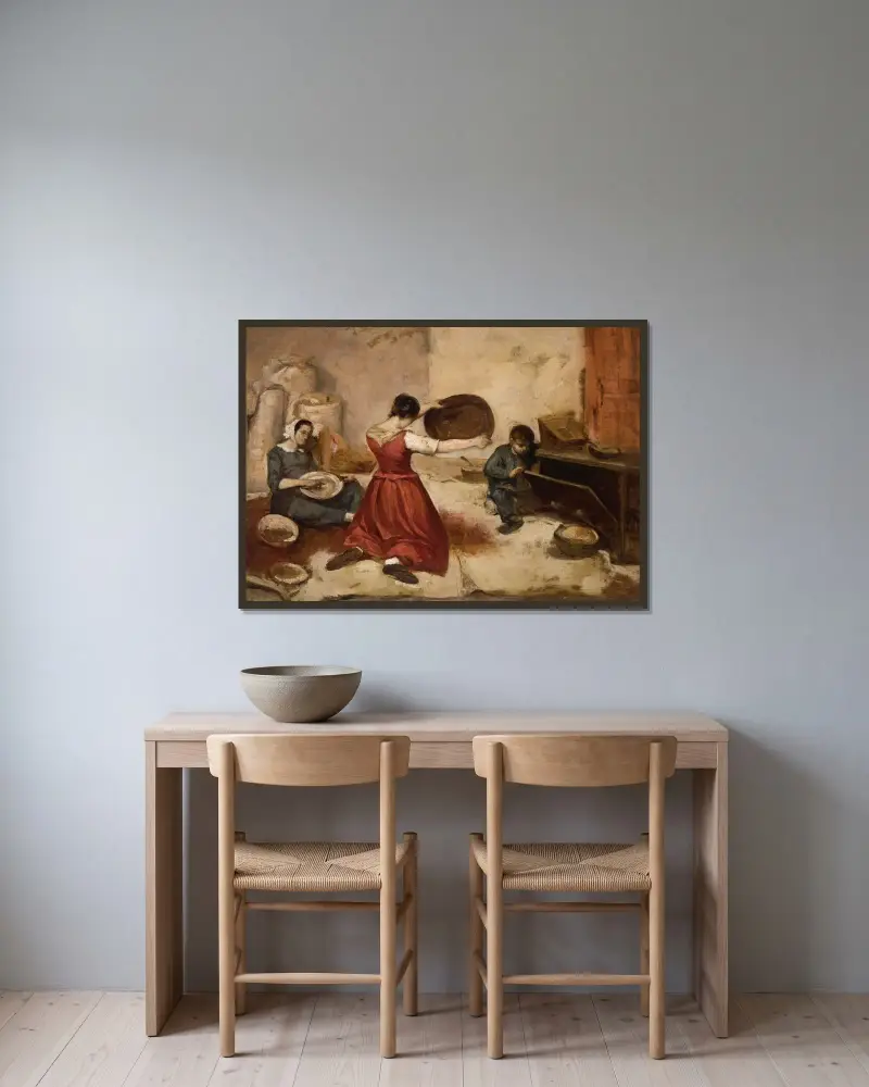 Vetesållarna, skiss av Gustave Courbet inramad på en vägg