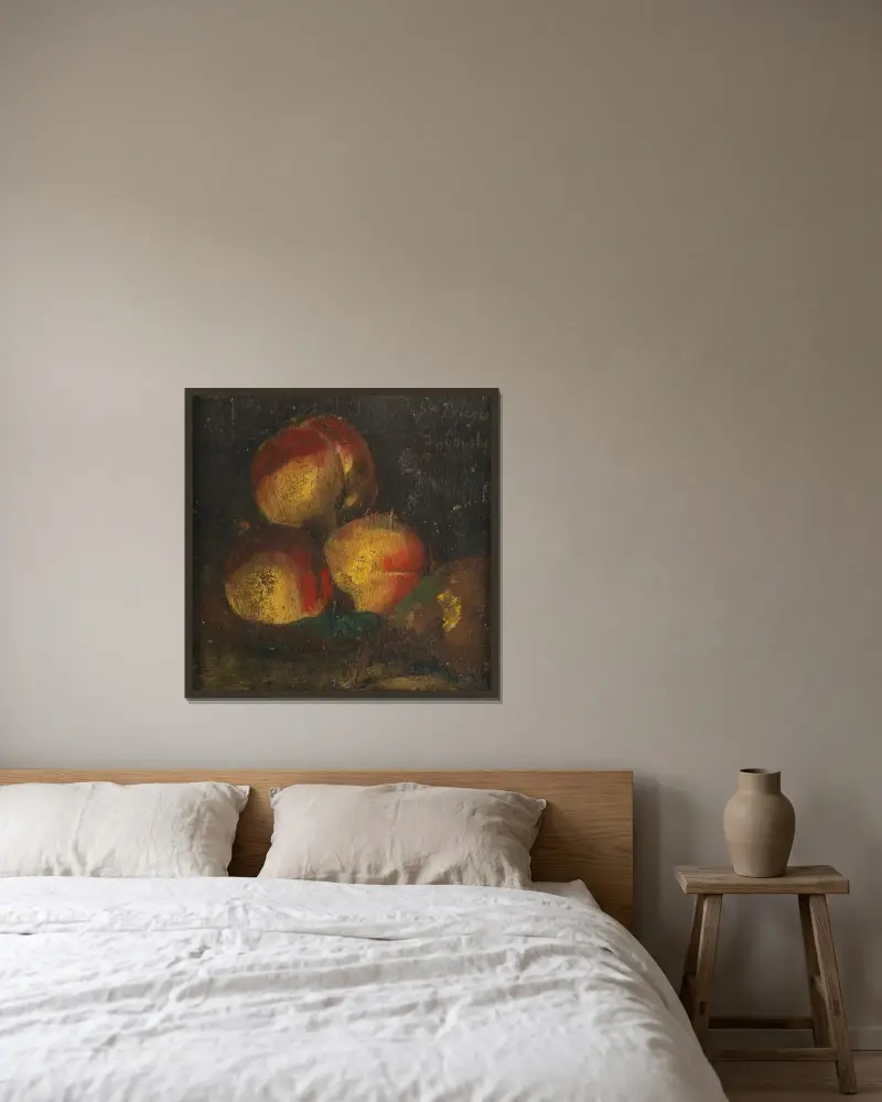 Stilleben med tre persikor och ett päron av Gustave Courbet inramad på en vägg