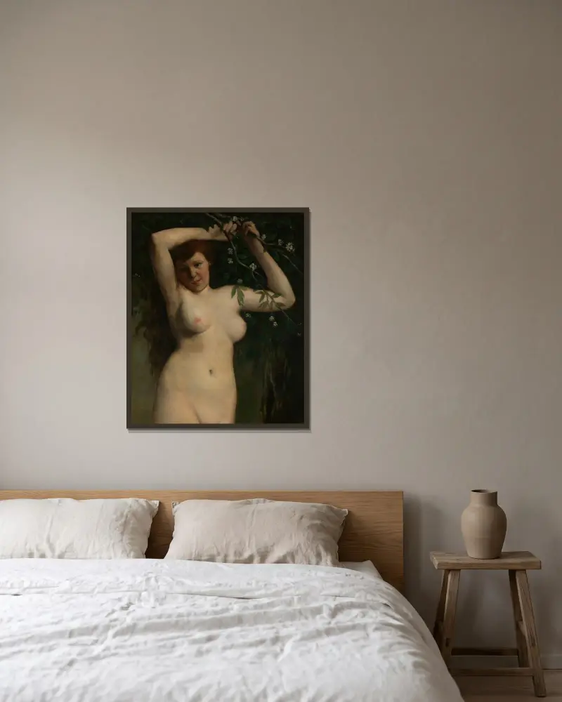Akt med blommande gren av Gustave Courbet inramad på en vägg