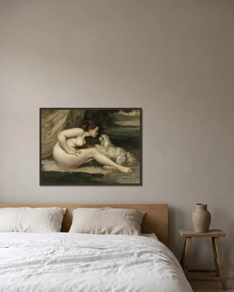 Naken kvinna med hund av Gustave Courbet inramad på en vägg