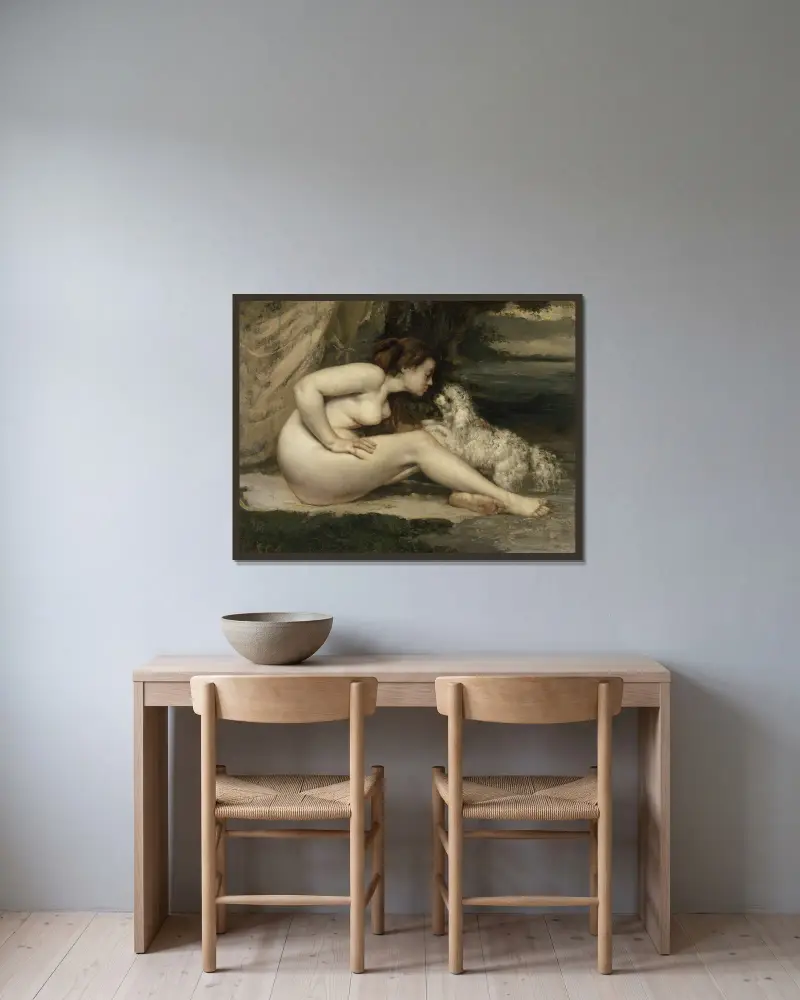 Naken kvinna med hund av Gustave Courbet inramad på en vägg