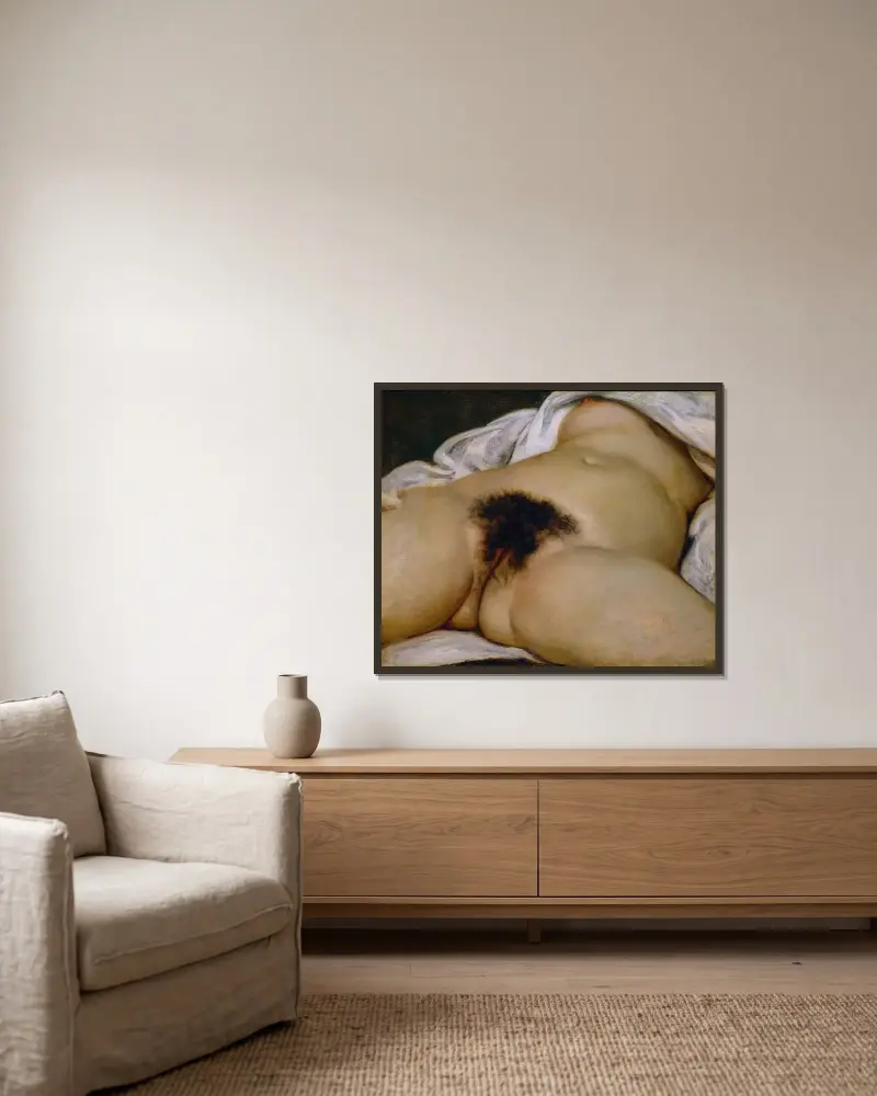 Der Ursprung der Welt von Gustave Courbet gerahmt an einer Wand