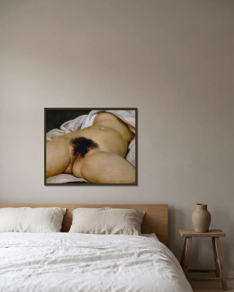 Der Ursprung der Welt von Gustave Courbet gerahmt an einer Wand