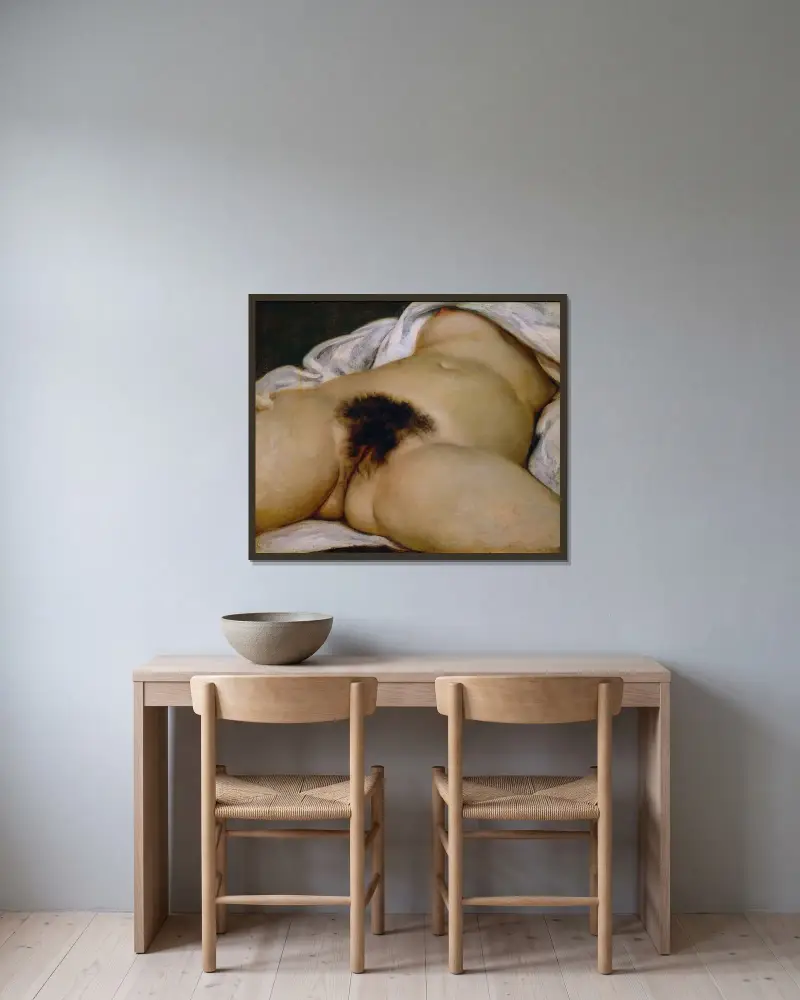 Der Ursprung der Welt von Gustave Courbet gerahmt an einer Wand