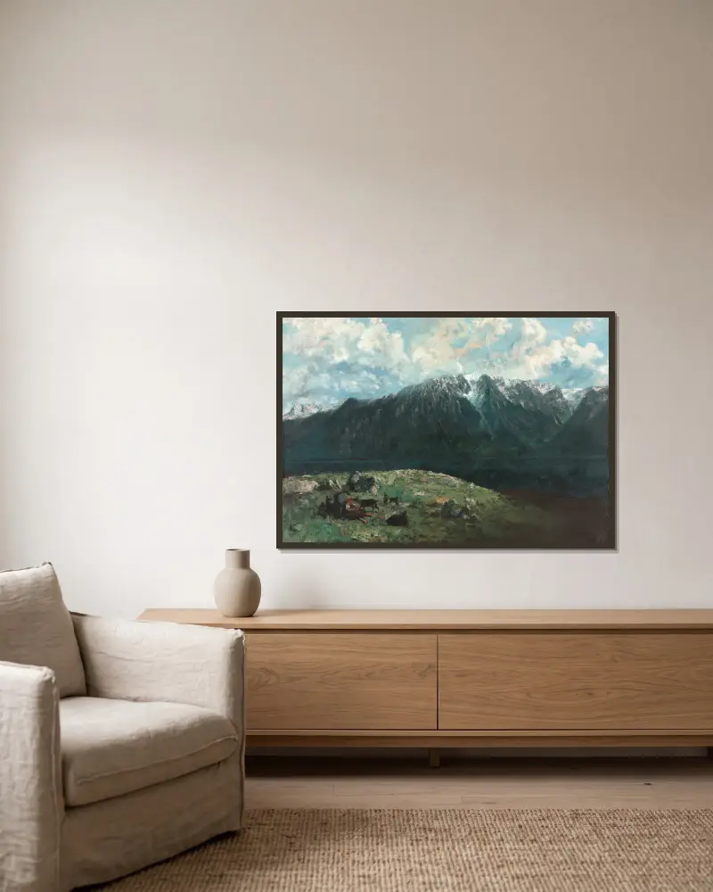 Panoramablick auf die Alpen, Les Dents du Midi von Gustave Courbet gerahmt an einer Wand