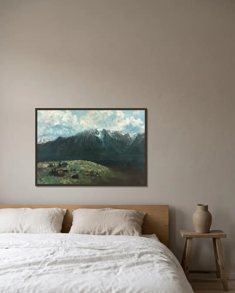 Panoramablick auf die Alpen, Les Dents du Midi von Gustave Courbet gerahmt an einer Wand