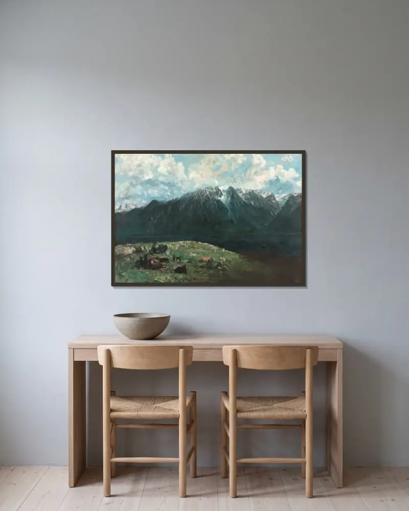 Panoramablick auf die Alpen, Les Dents du Midi von Gustave Courbet gerahmt an einer Wand