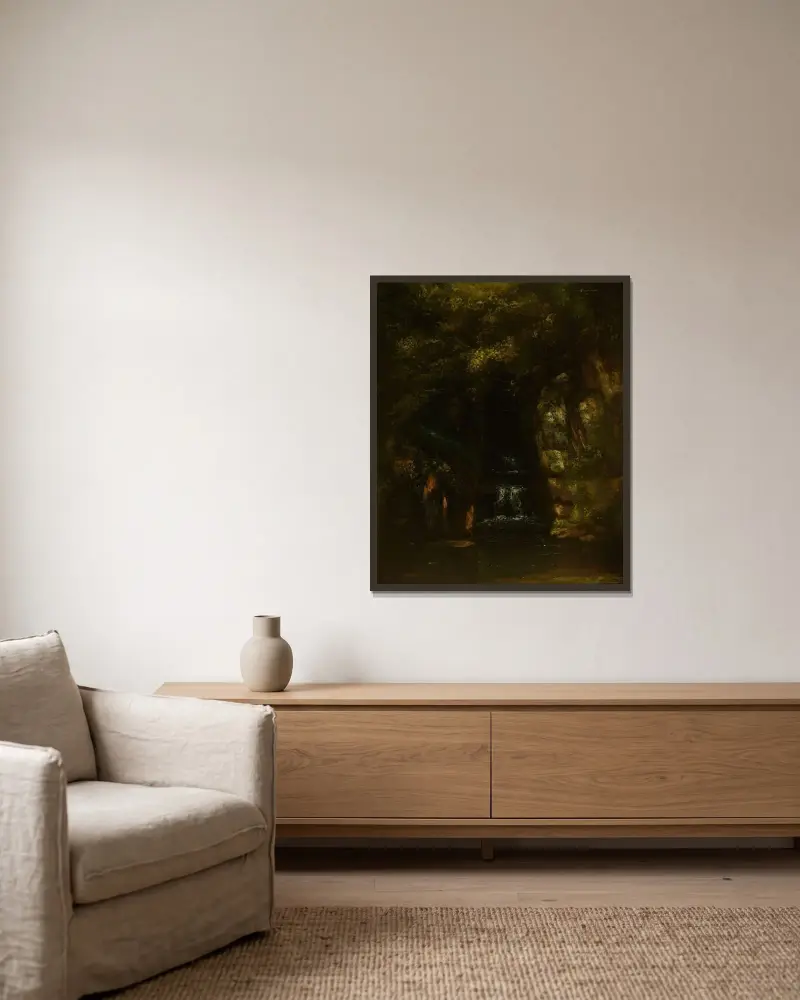 Landskap utan himmel av Gustave Courbet inramad på en vägg
