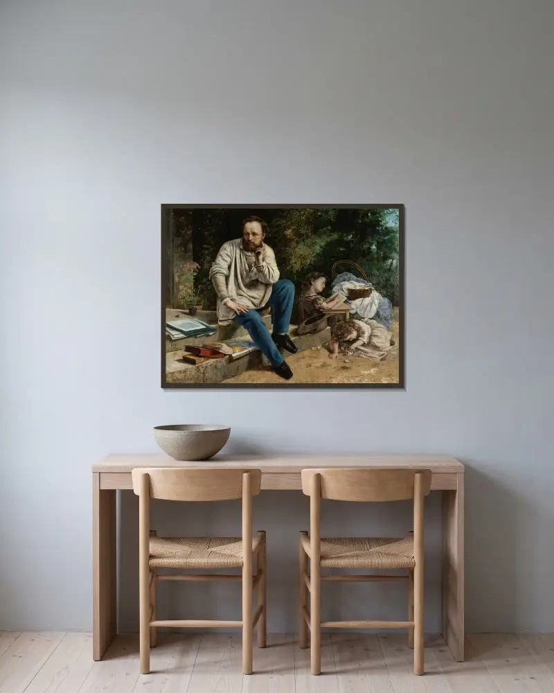 Pierre-Joseph Proudhon och hans barn 1853 av Gustave Courbet inramad på en vägg