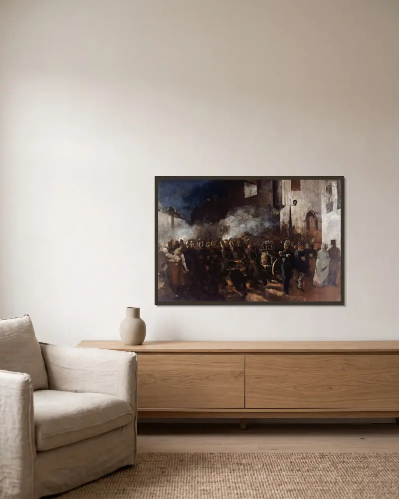 Feuerwehrleute beim Löschen eines Brandes von Gustave Courbet gerahmt an einer Wand