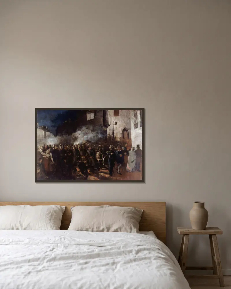 Feuerwehrleute beim Löschen eines Brandes von Gustave Courbet gerahmt an einer Wand