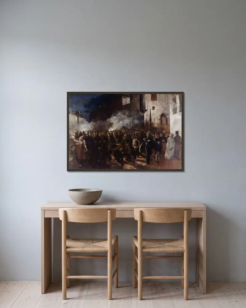 Feuerwehrleute beim Löschen eines Brandes von Gustave Courbet gerahmt an einer Wand