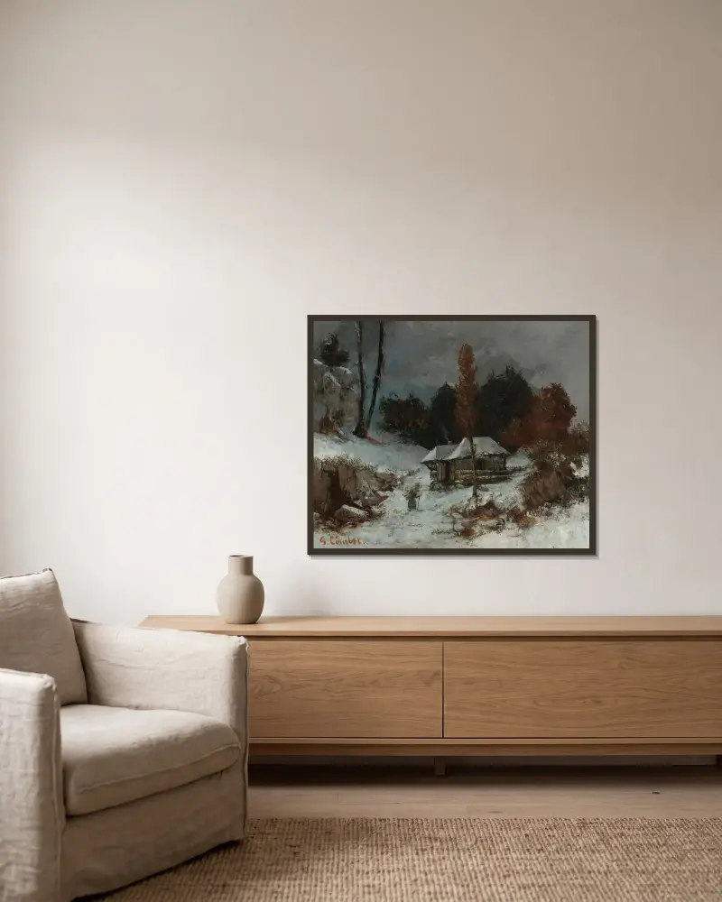 Kvinna med knippe i snölandskap av Gustave Courbet inramad på en vägg
