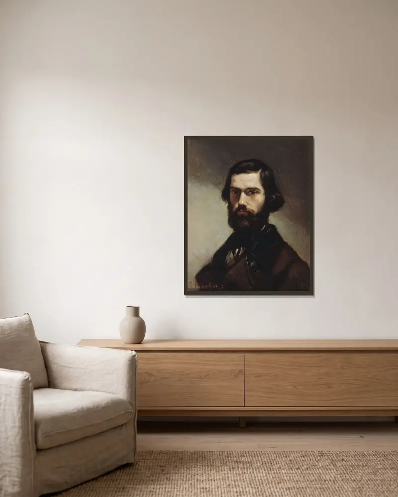 Portrait de Jules Vallès av Gustave Courbet inramad på en vägg