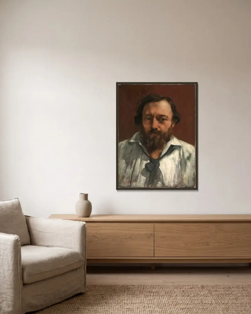 Porträtt av poeten Pierre Dupont av Gustave Courbet inramad på en vägg
