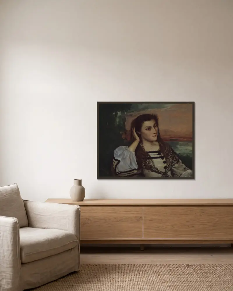 Reverie (Portrait of Gabrielle Borreau) av Gustave Courbet inramad på en vägg