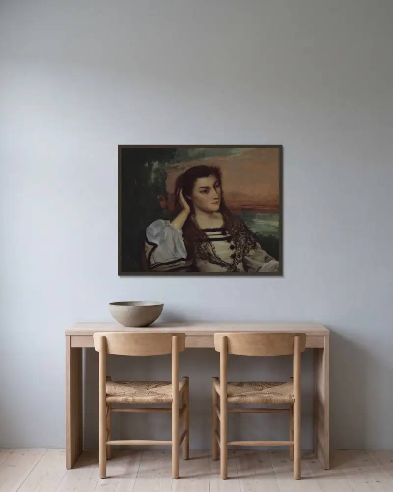 Reverie (Portrait of Gabrielle Borreau) av Gustave Courbet inramad på en vägg