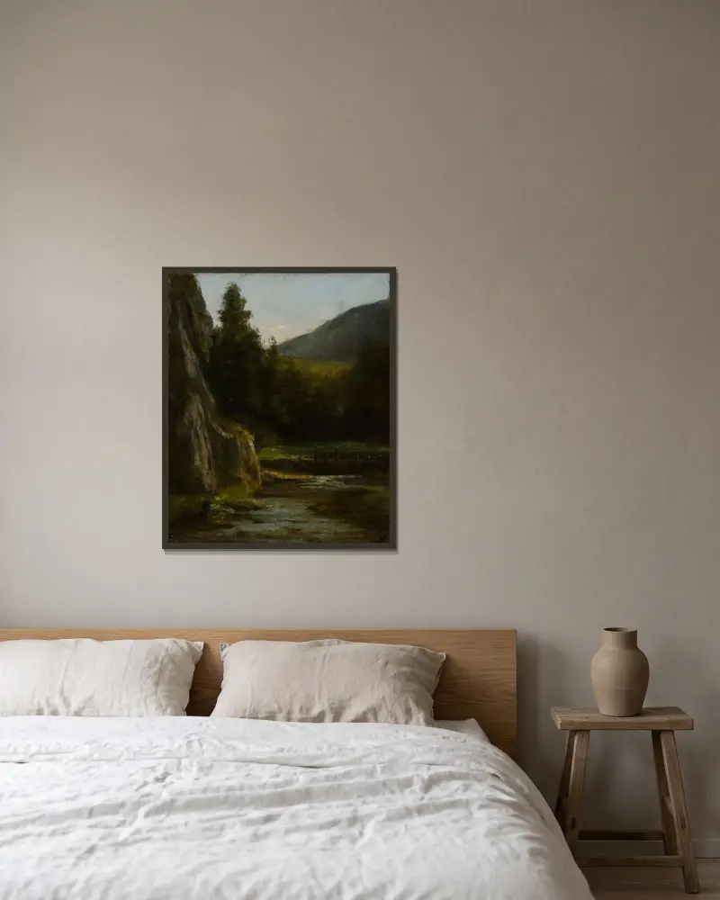 Klippor, tallar, bäck av Gustave Courbet inramad på en vägg
