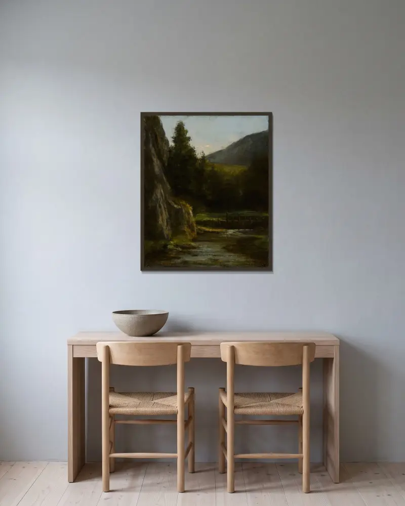 Klippor, tallar, bäck av Gustave Courbet inramad på en vägg