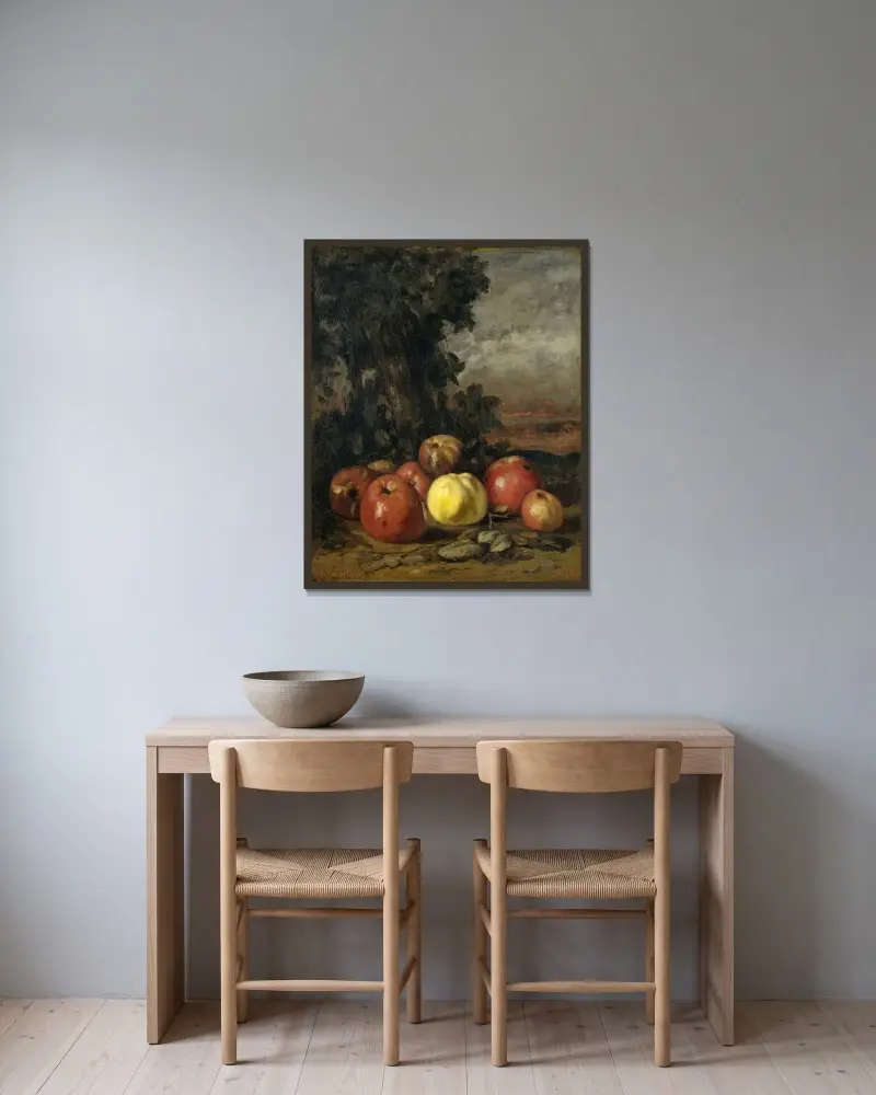 Still Life with Apples av Gustave Courbet inramad på en vägg