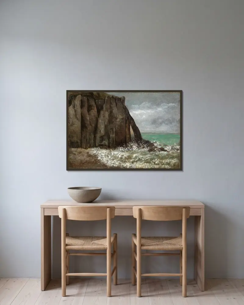 Strand von Etretat av Gustave Courbet inramad på en vägg