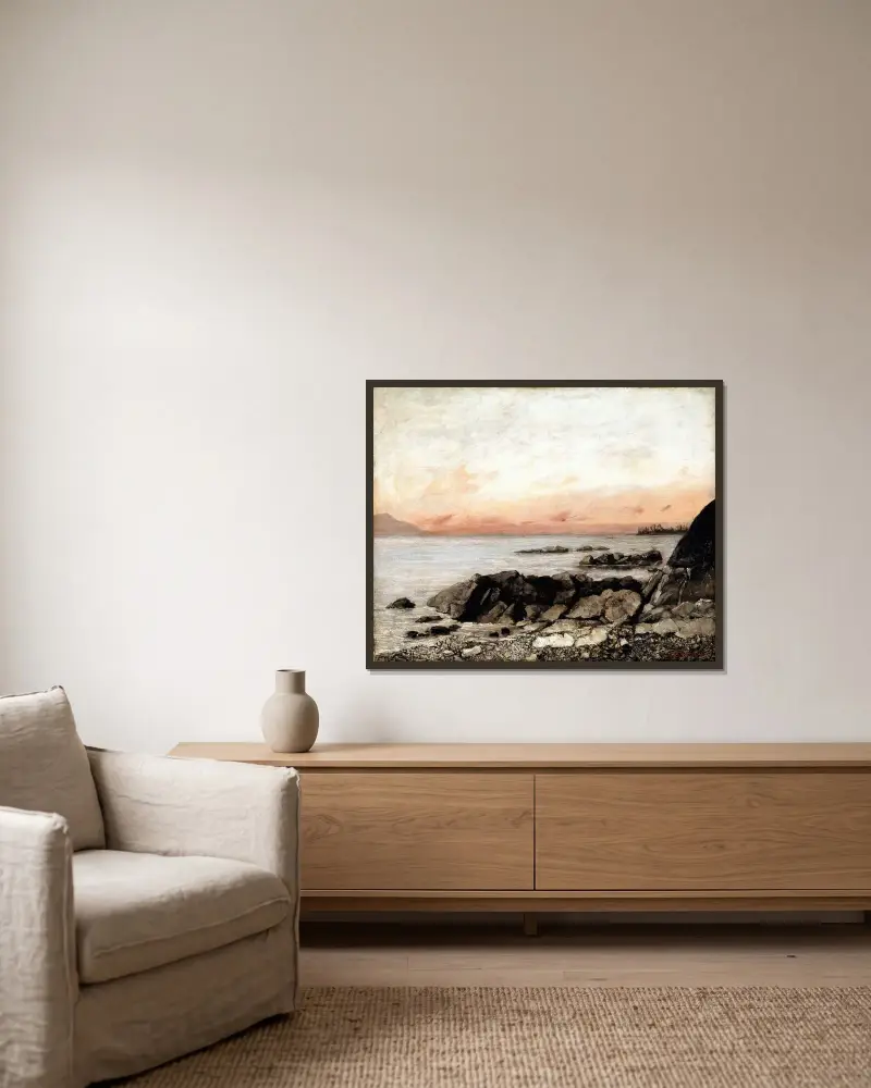 Solnedgång, Vevey, Schweiz av Gustave Courbet inramad på en vägg