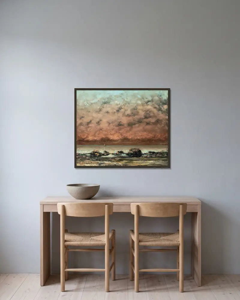 De svarta klipporna vid Trouville av Gustave Courbet inramad på en vägg