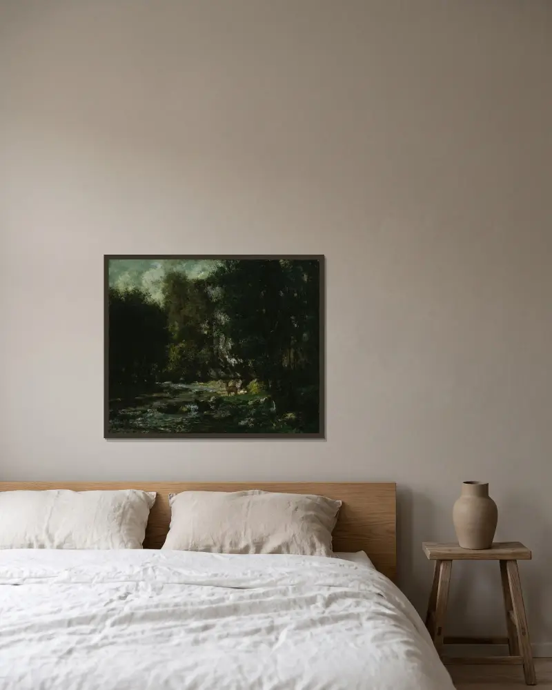 Bäcken i Les Puits-Noir av Gustave Courbet inramad på en vägg