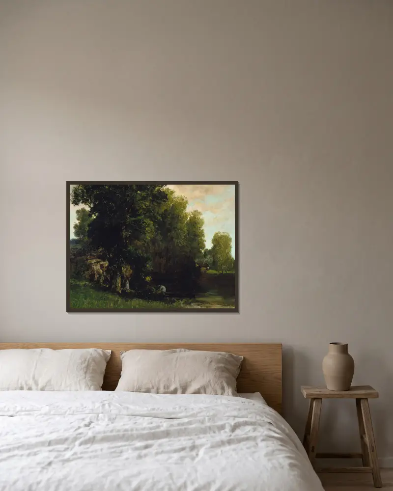 Vid dammens kant av Gustave Courbet inramad på en vägg