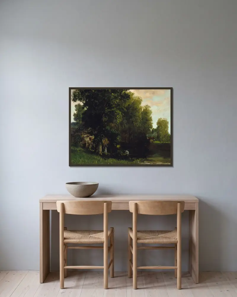 Vid dammens kant av Gustave Courbet inramad på en vägg
