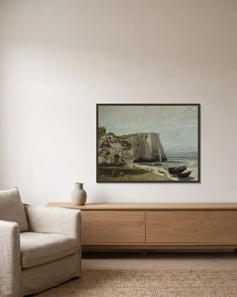 Klipporna vid Étretat efter stormen av Gustave Courbet inramad på en vägg