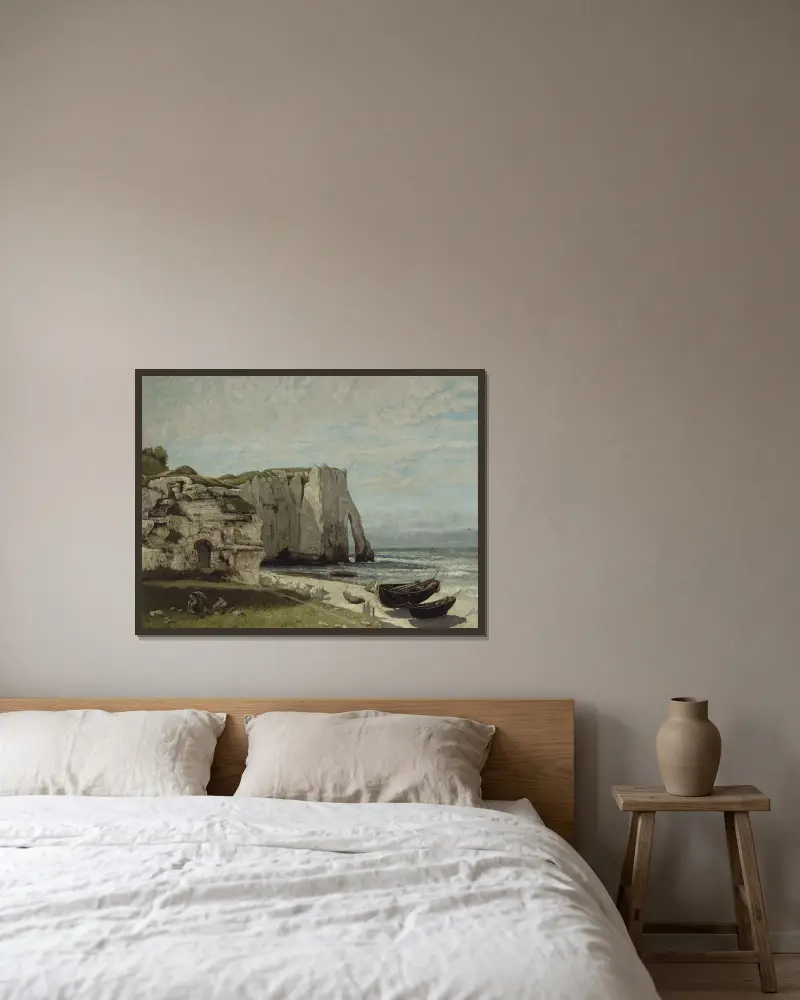 Klipporna vid Étretat efter stormen av Gustave Courbet inramad på en vägg
