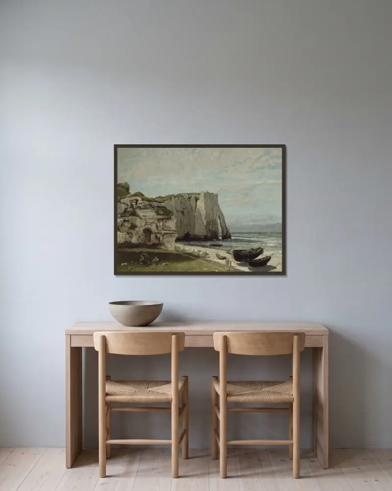 Klipporna vid Étretat efter stormen av Gustave Courbet inramad på en vägg