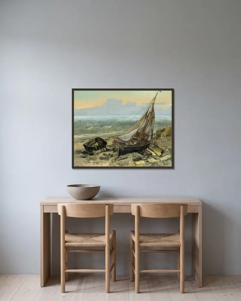Fiskebåten av Gustave Courbet inramad på en vägg
