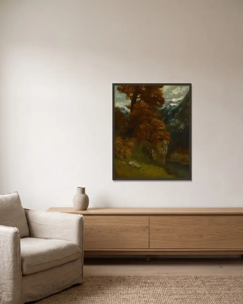 Landskapet vid Ornans (Bords du Doubs; Effet d'Automne) av Gustave Courbet inramad på en vägg