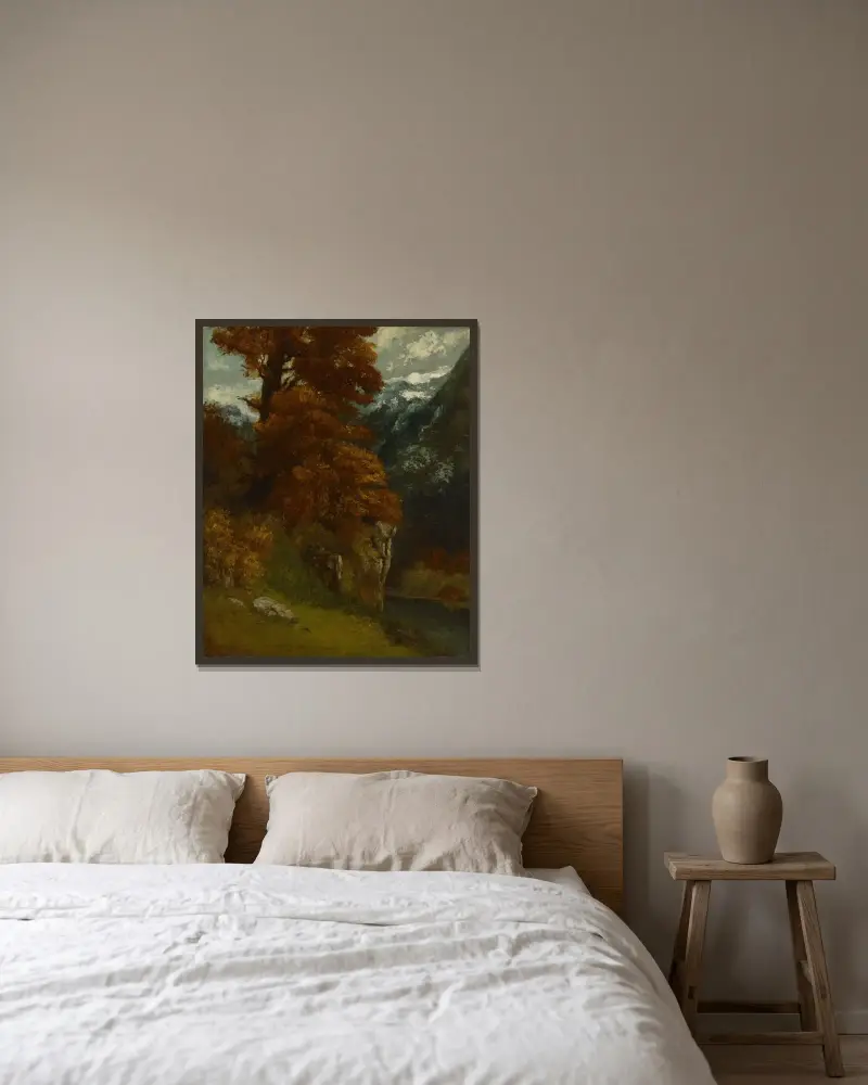 Landskapet vid Ornans (Bords du Doubs; Effet d'Automne) av Gustave Courbet inramad på en vägg