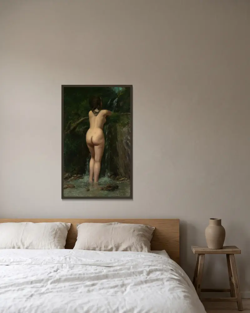 The Source av Gustave Courbet inramad på en vägg