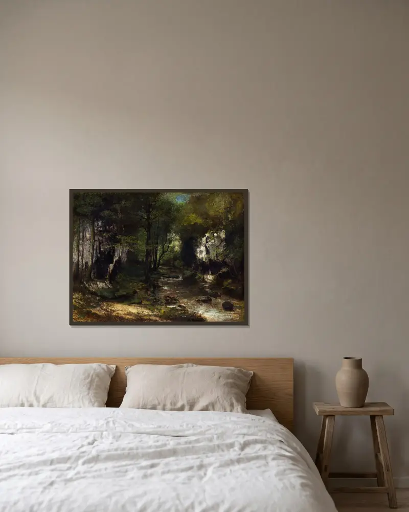 The Stream (Le Ruisseau du Puits-Noir; vallée de la Loue) av Gustave Courbet inramad på en vägg