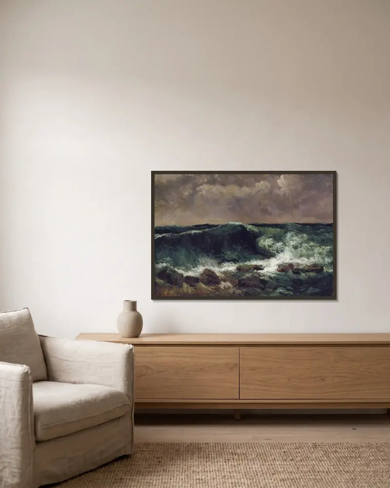 The Wave, 1869 – nr 1 av Gustave Courbet inramad på en vägg