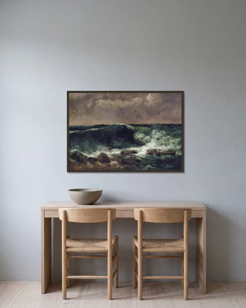 The Wave, 1869 – nr 1 av Gustave Courbet inramad på en vägg