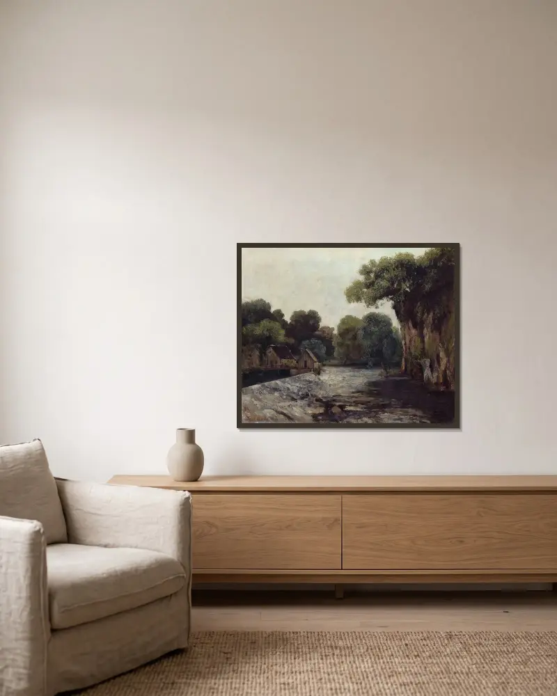 Dammanläggningen vid kvarnen av Gustave Courbet inramad på en vägg