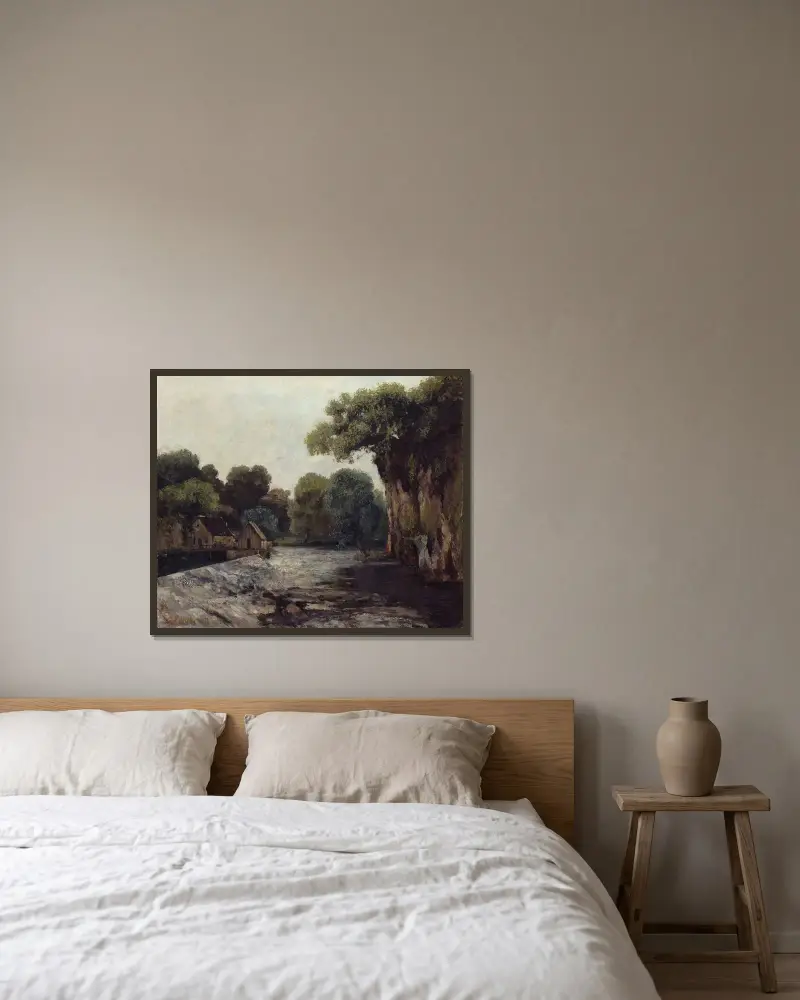 Dammanläggningen vid kvarnen av Gustave Courbet inramad på en vägg